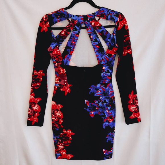 Parker | Black & Floral Cage-Back Long Sleeve Bodycon Mini Dress - Picture 6 of 12